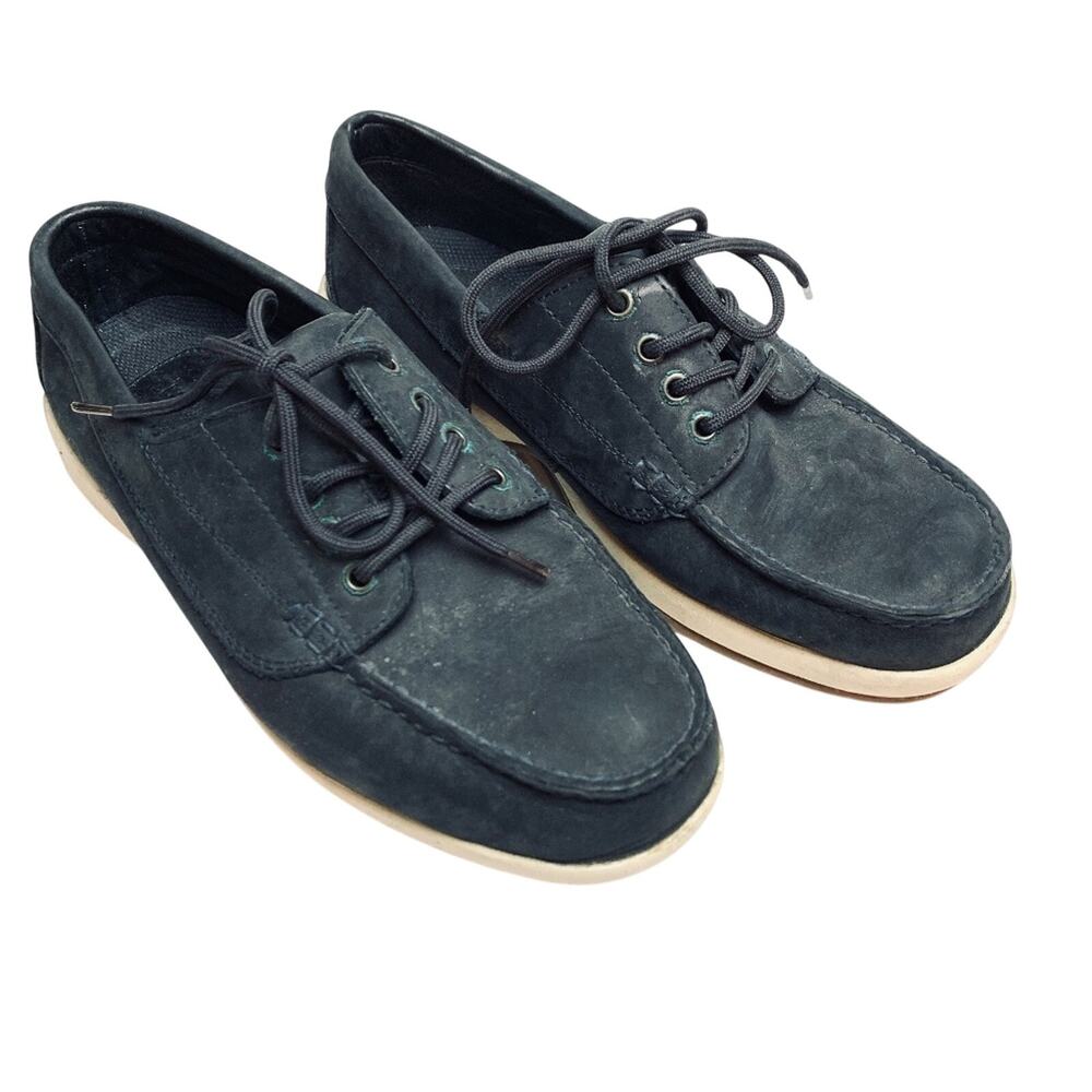 Lands End Mens Nubuck Casual Navy Blue Genuine Leather Boat Shoes Lace Up sz 9